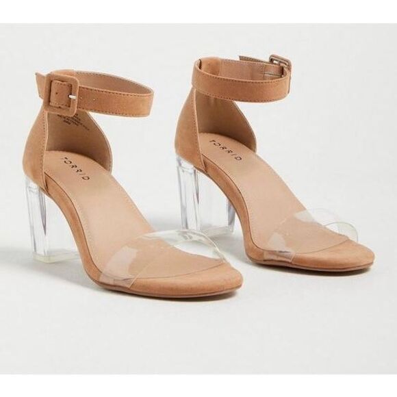NWT SZ 8W Torrid Translucent Block Heel Adjustable Ankle Strap Sandal in Tan Sue - Picture 1 of 8